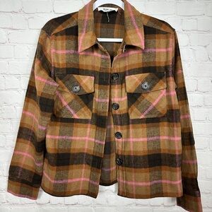 BB Dakota Steve Madden brown pink plaid Flannel Shirt Jacket Shacket, sz‎ M, EUC